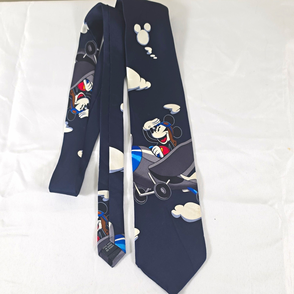 Mickey Unlimited Disney Mickey Mouse Airplane Print Blue 100% Silk Necktie
